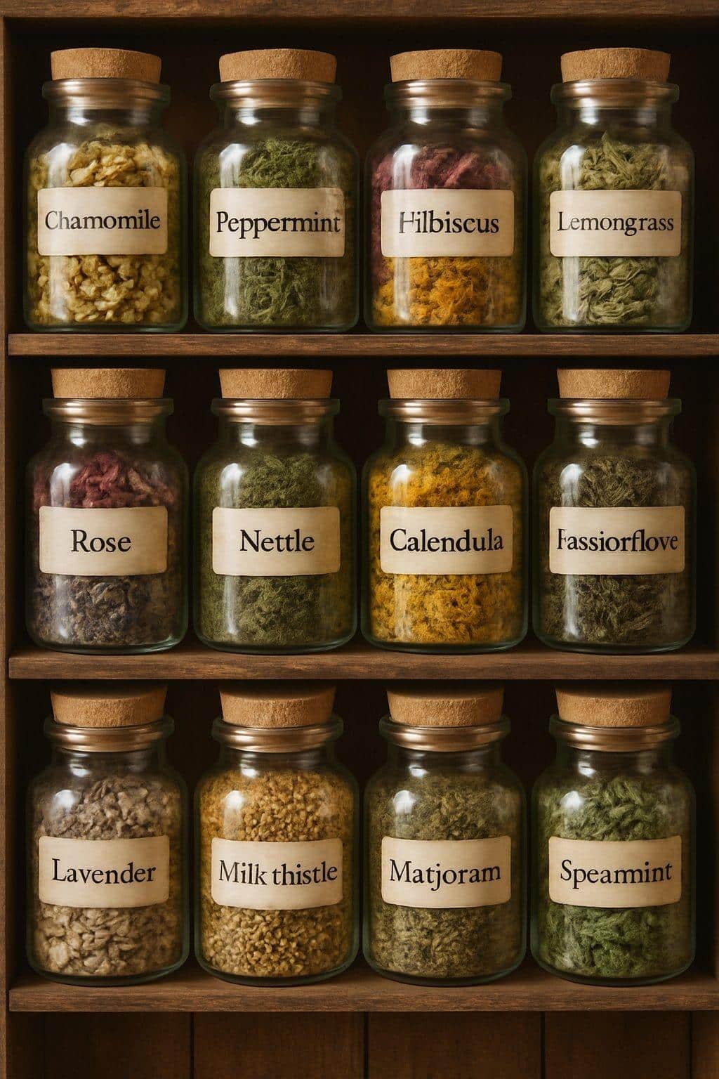 Rangement soigné de plantes médicinales séchées dans des bocaux étiquetés, idéal pour une herbal jars storage organisée.