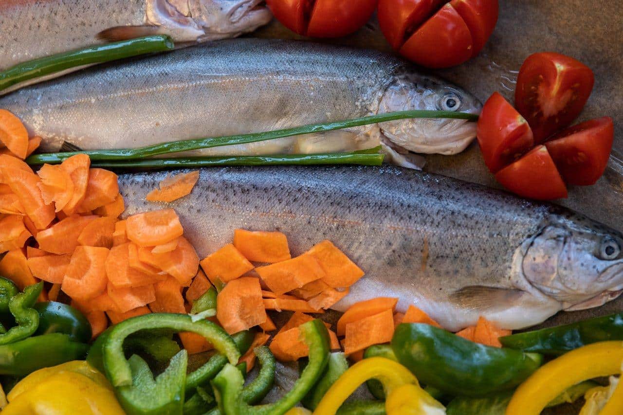 Un plat coloré de légumes frais et de poisson gras, symbole d’une alimentation saine pour la santé mentale.
