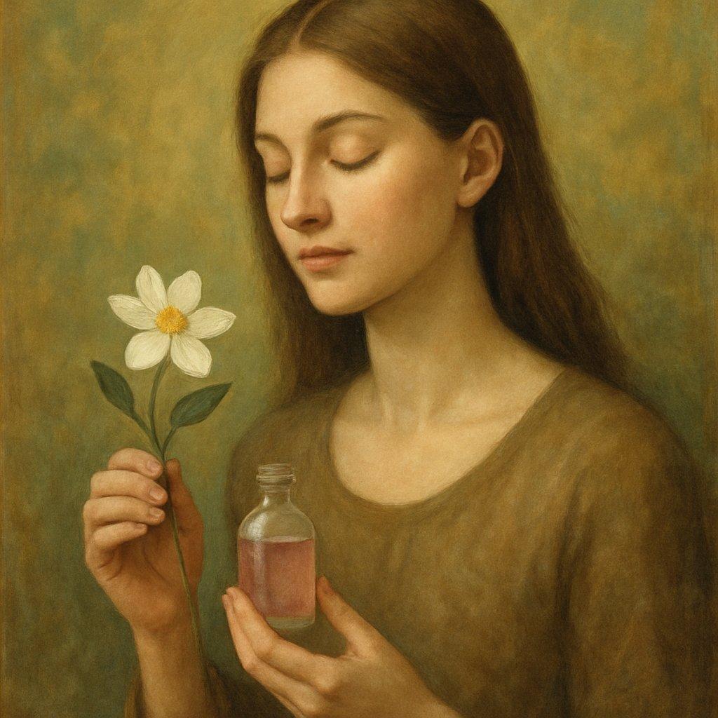 Une femme calme tenant un flacon de fleurs de Bach dans un environnement cosy, illustrant l’effet apaisant des essences florales.
